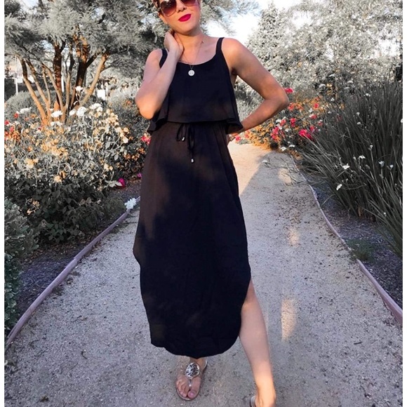 Black Casual Dress Adjustable Strappy Split - Picture 5 of 6